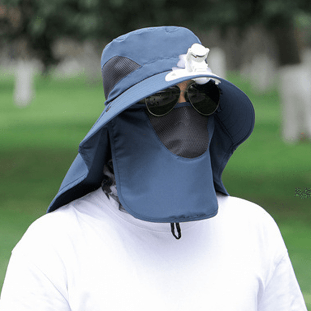 Men Mesh Breathable Mask Curtain Long Cloak 360 Degree Sun Protection Hat with Fan Outdoor Casual Bucket Hat - MRSLM