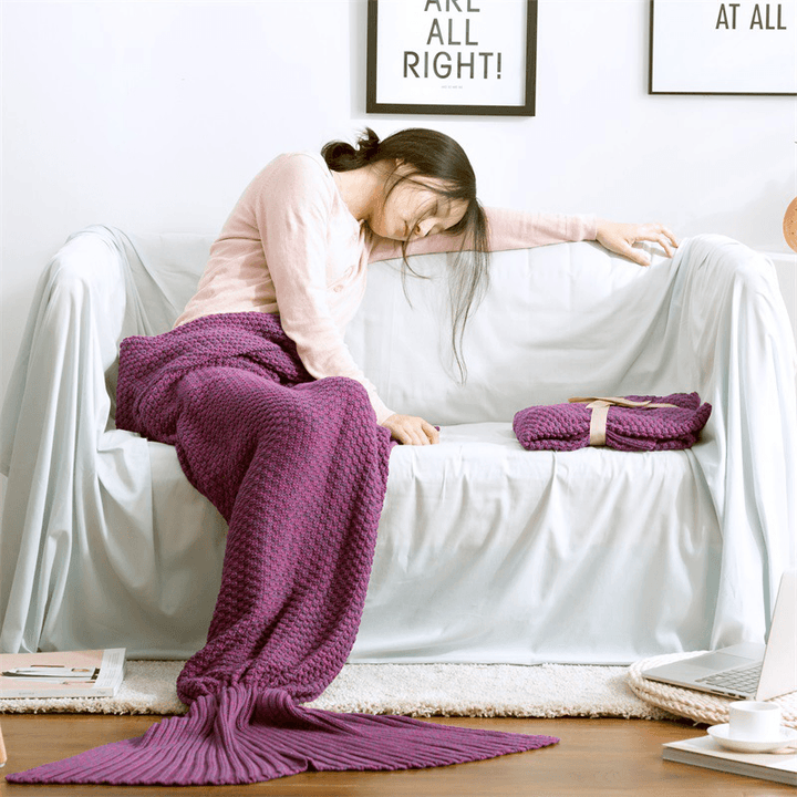 Yarn Knitted Mermaid Tail Blanket Handmade Crochet Throw Super Soft Sofa Bed Mat Sleeping Bag - MRSLM