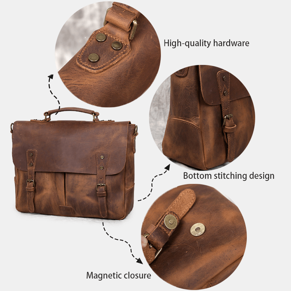 Men Vintage Multifunction Large Capacity Business Crossbody Bag Multi-Pocket PU Leather Handbag Shoulder Messenger Bag - MRSLM