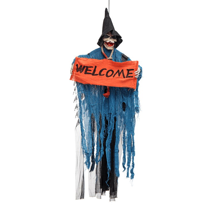 Halloween Tools Scary Welcome Sign Hanging Skeleton Voice Lights Eyes for Halloween Decorations - MRSLM