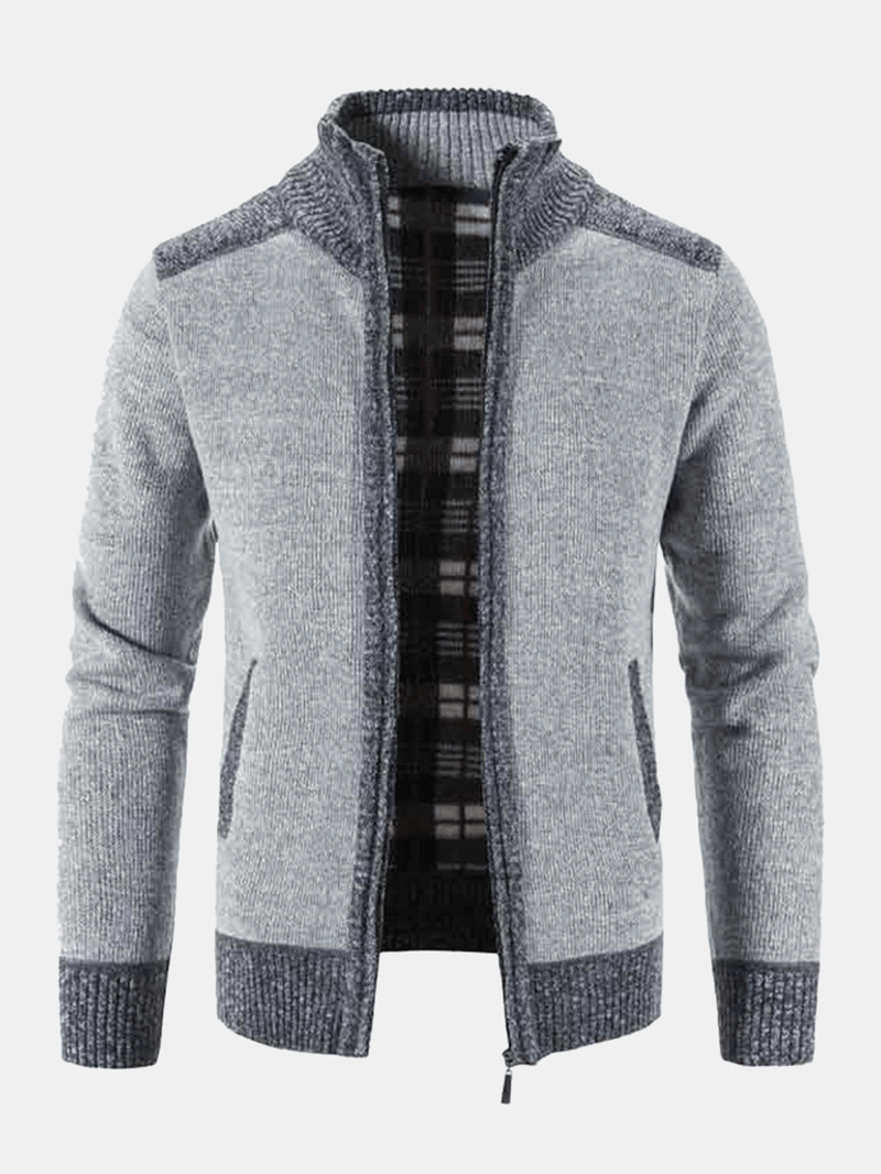 Men Knitted plus Velvets High Neck Elastic Hem Pockets Zipper Sweater Cardigans - MRSLM