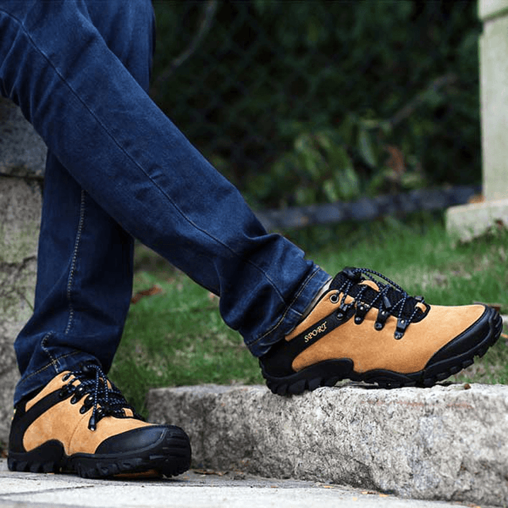 Men Sprot Running Shoes Leather round Toe Lace up Hiking Shoes anti Slip - MRSLM