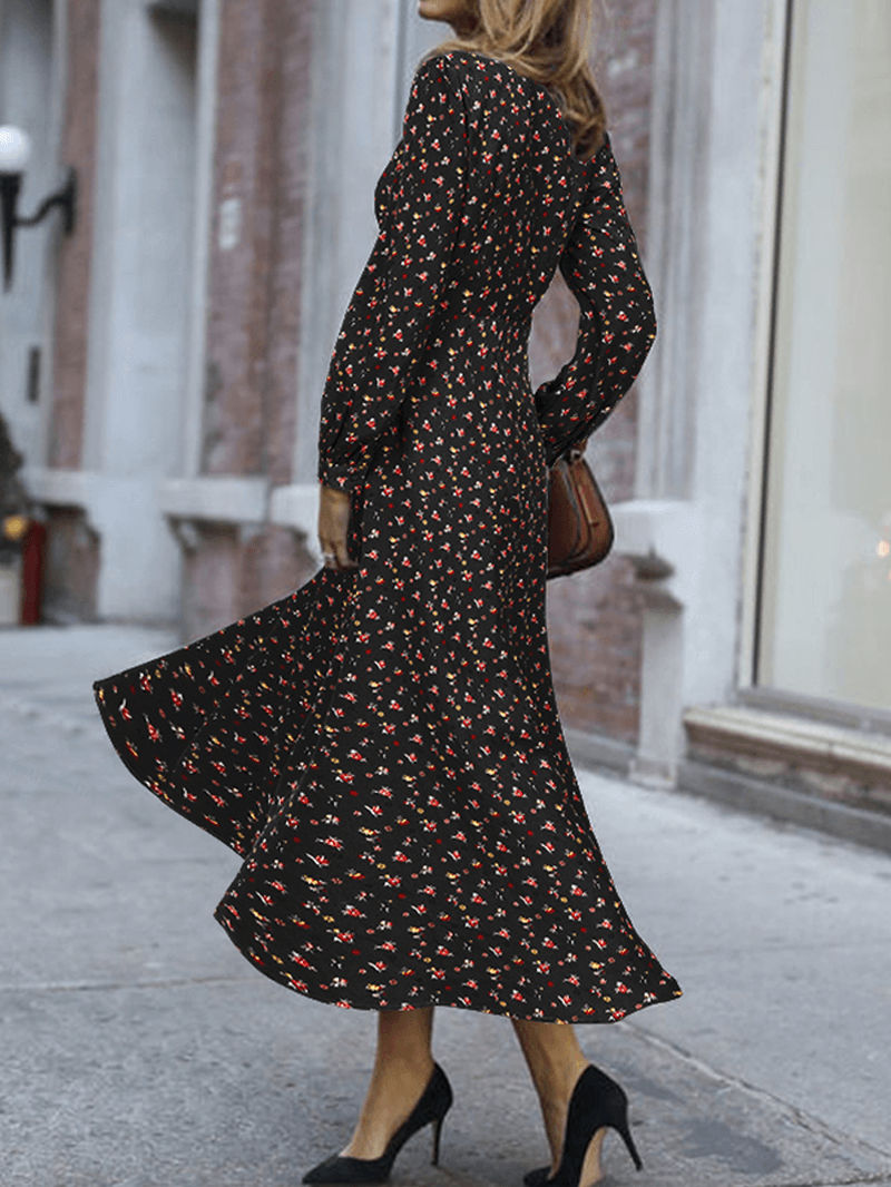 Women Floral Print Lace-Up Long Sleeve Side Zipper Casual Daily Maxi Dress - MRSLM
