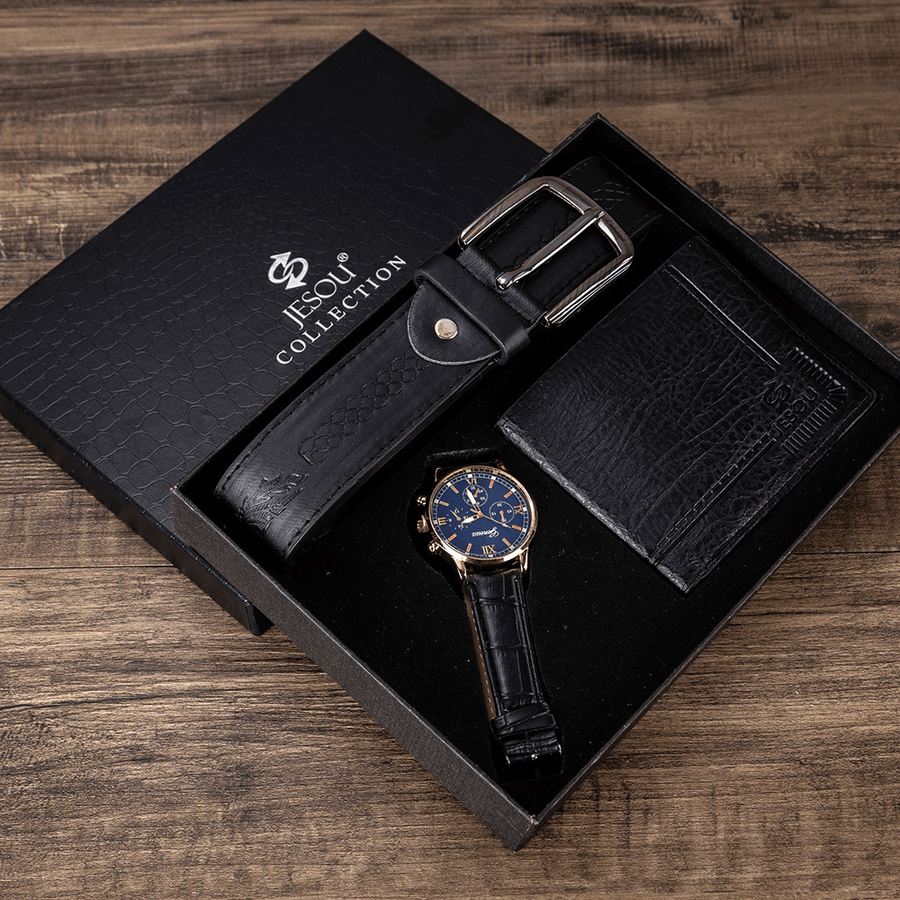 XSVO 3Pcs Men Gift Set Classic Business Leather Wristband Male Quartz Watch Folding Wallet Belt - MRSLM