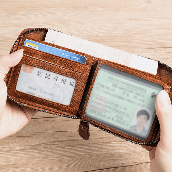 Men First Layer Cowhide RFID Anti-Magnetic Zipper Wallet Short Bifold 7 Card Slot Card Case Driver License Wallet - MRSLM