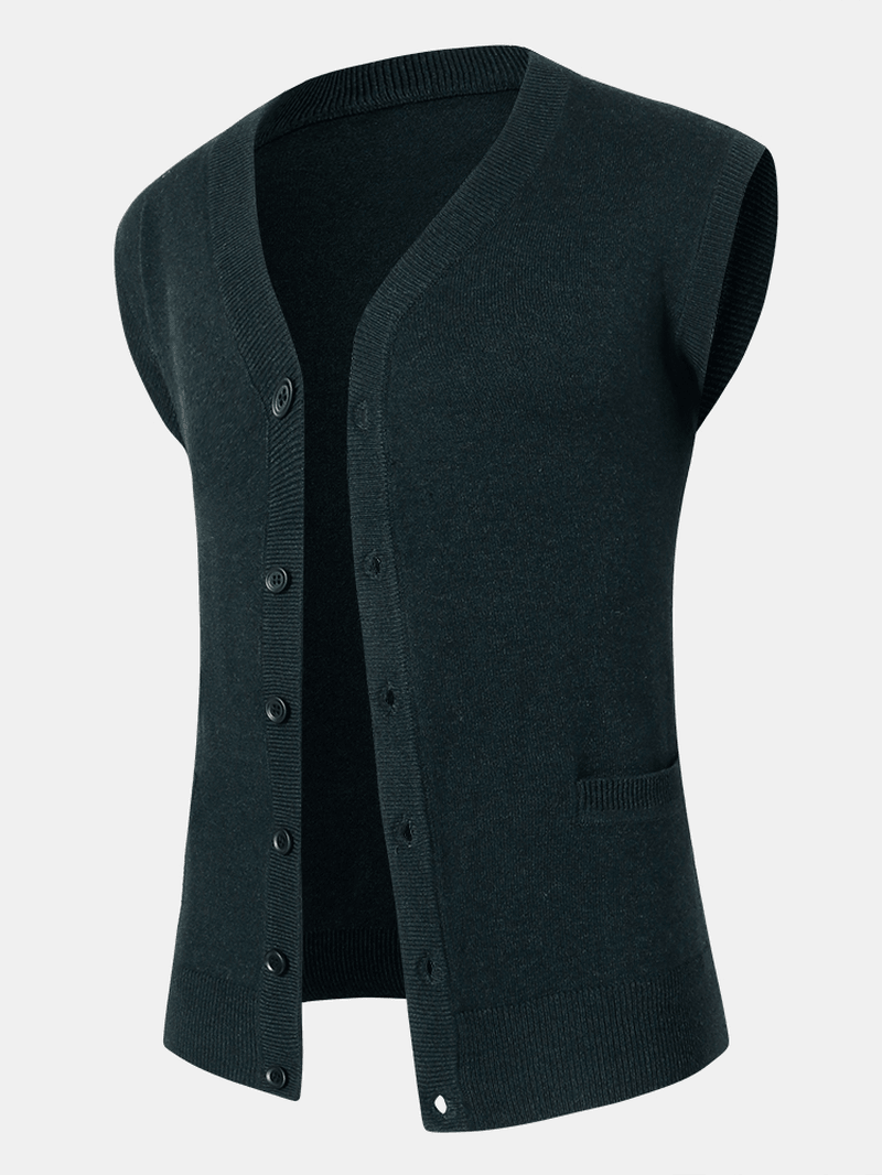 Mens Solid Color V-Neck Button Front Knit Woolen Casual Sleevless Vests - MRSLM
