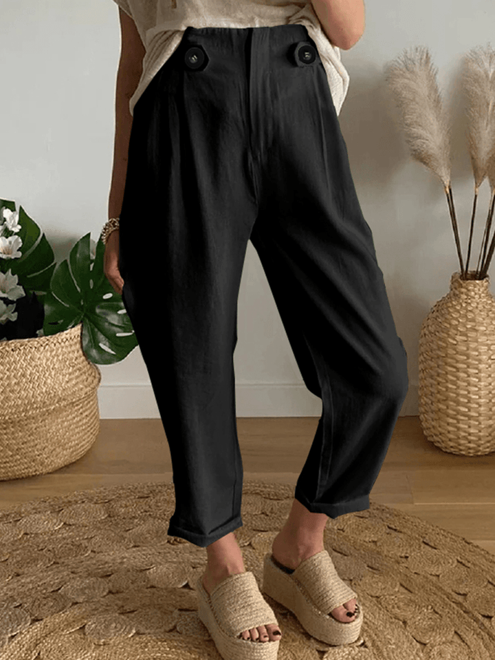 Women Brief Style Solid Color Button Design Elastic Waistband Casual Pants - MRSLM