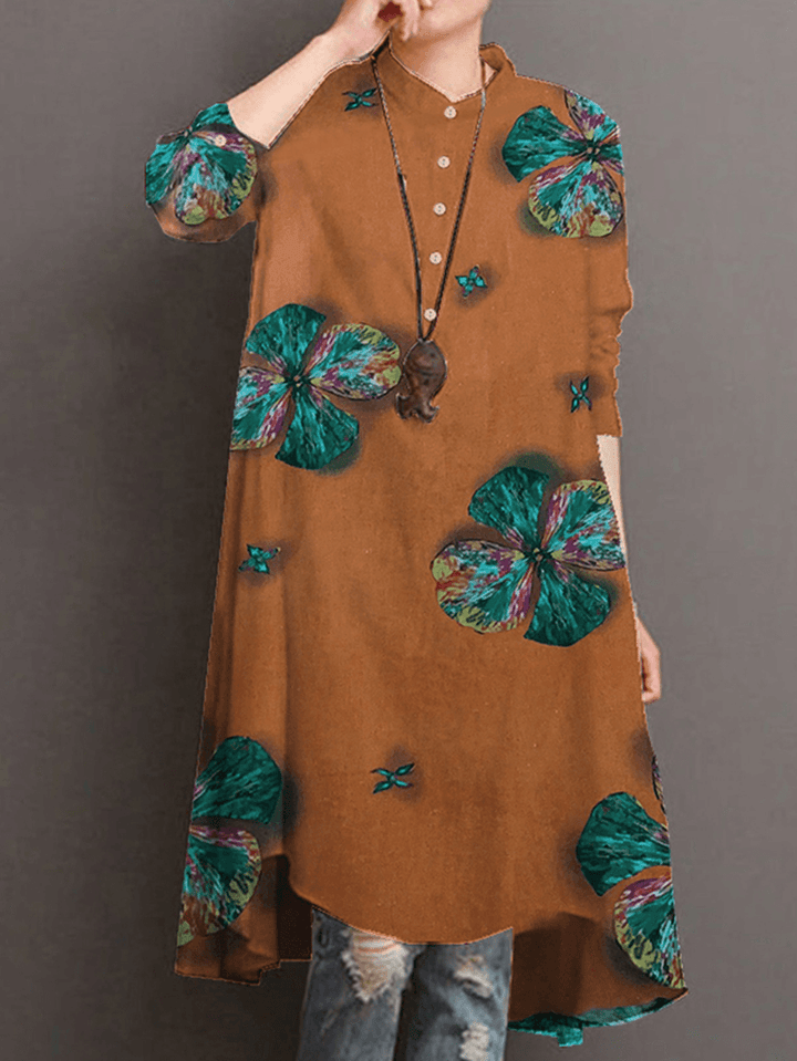 Women Cotton Button Vintage Print High-Low Hem Retro Shirt Dress - MRSLM