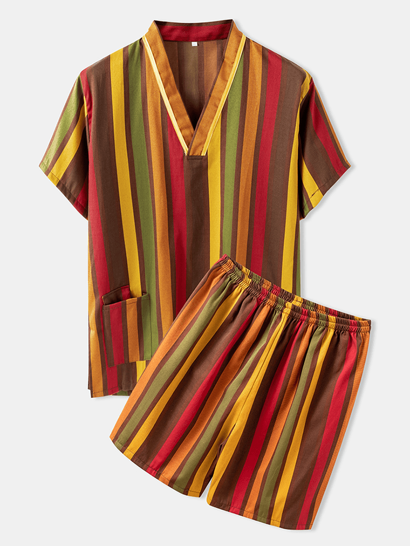 Couple Colorful Stripe Double Pockets Breathable Pajama Set Hotel Bath Clothes - MRSLM