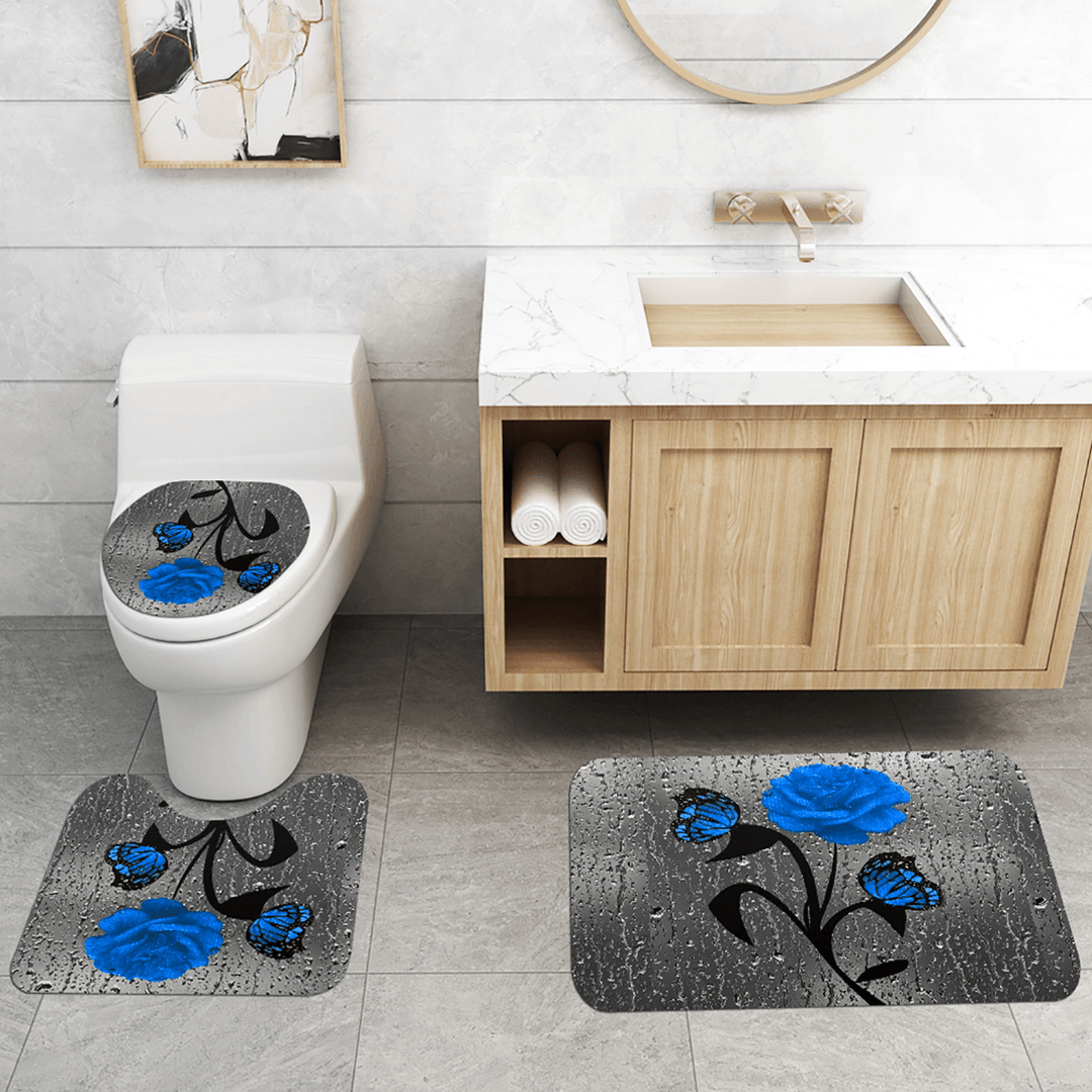 Bathroom Shower Curtain Waterproof Rings Hook Lid Toilet Cover Set 180X180Cm - MRSLM