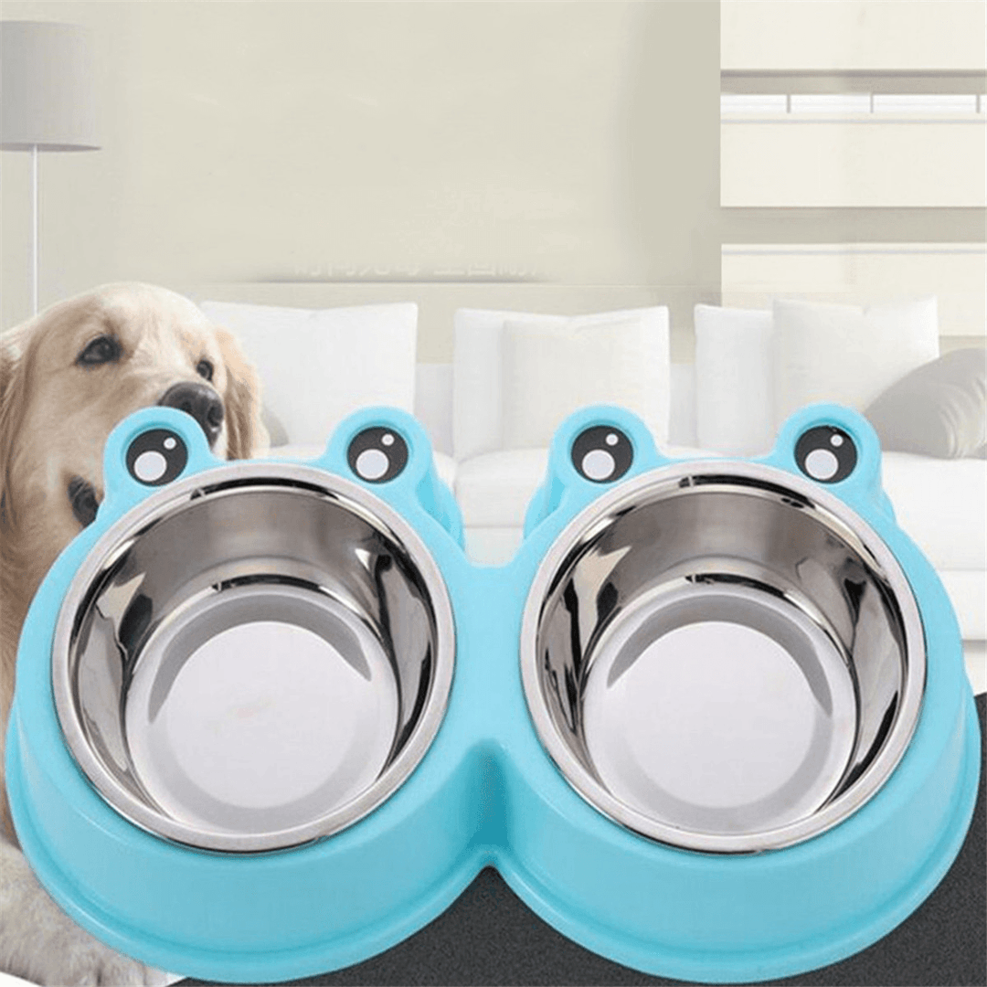 3Colors Frog Shape Pet Bowl Food Water Container Stainless Steel Dog Cat Feeder - MRSLM