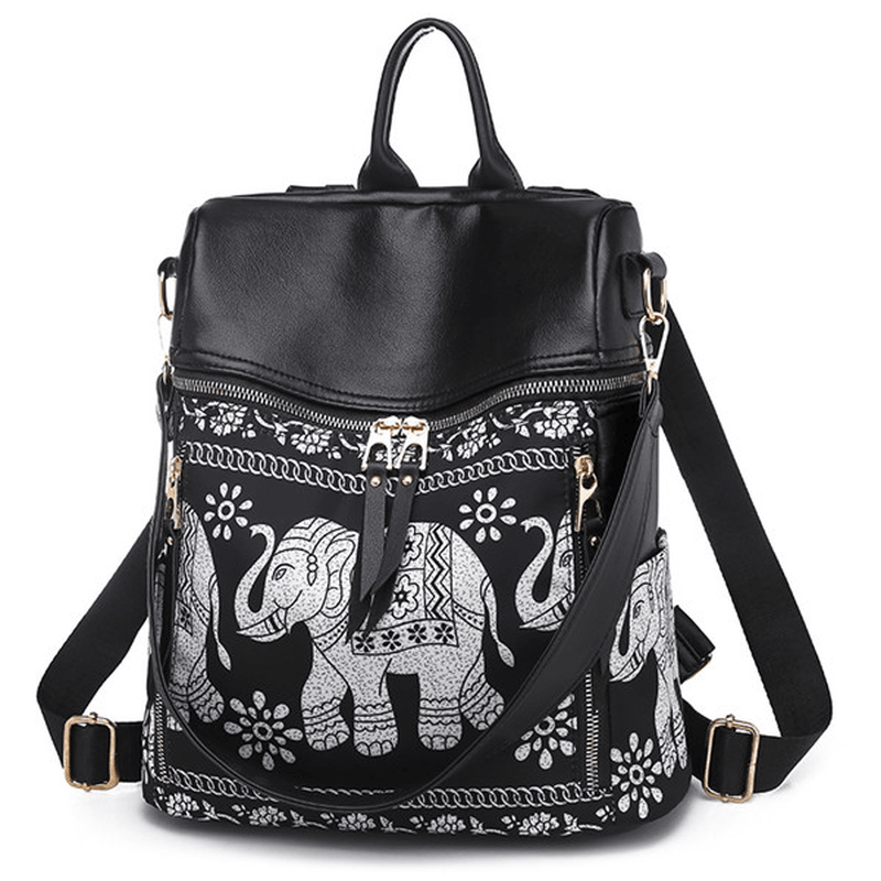 Women National Elephant Backpack PU Leather Shoulder Bag - MRSLM