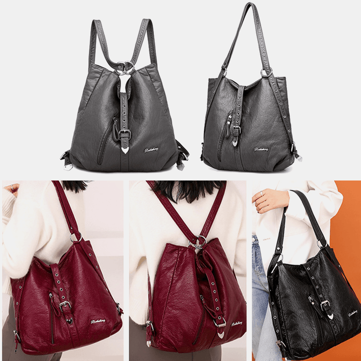 Women Faux Leather Large Capacity Travel Outdoor Working Multi-Carry Shoulder Bag Handbag Backpack - MRSLM