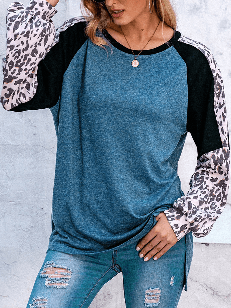 Women Leopard Raglan Sleeve Patchwork O-Neck Casual Loose T-Shirt - MRSLM