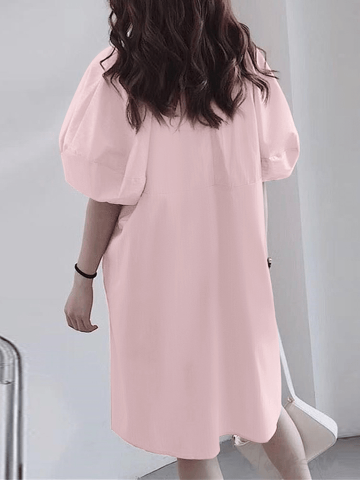 Women 100% Cotton Solid Puff Sleeve Bohemian Style Dress - MRSLM