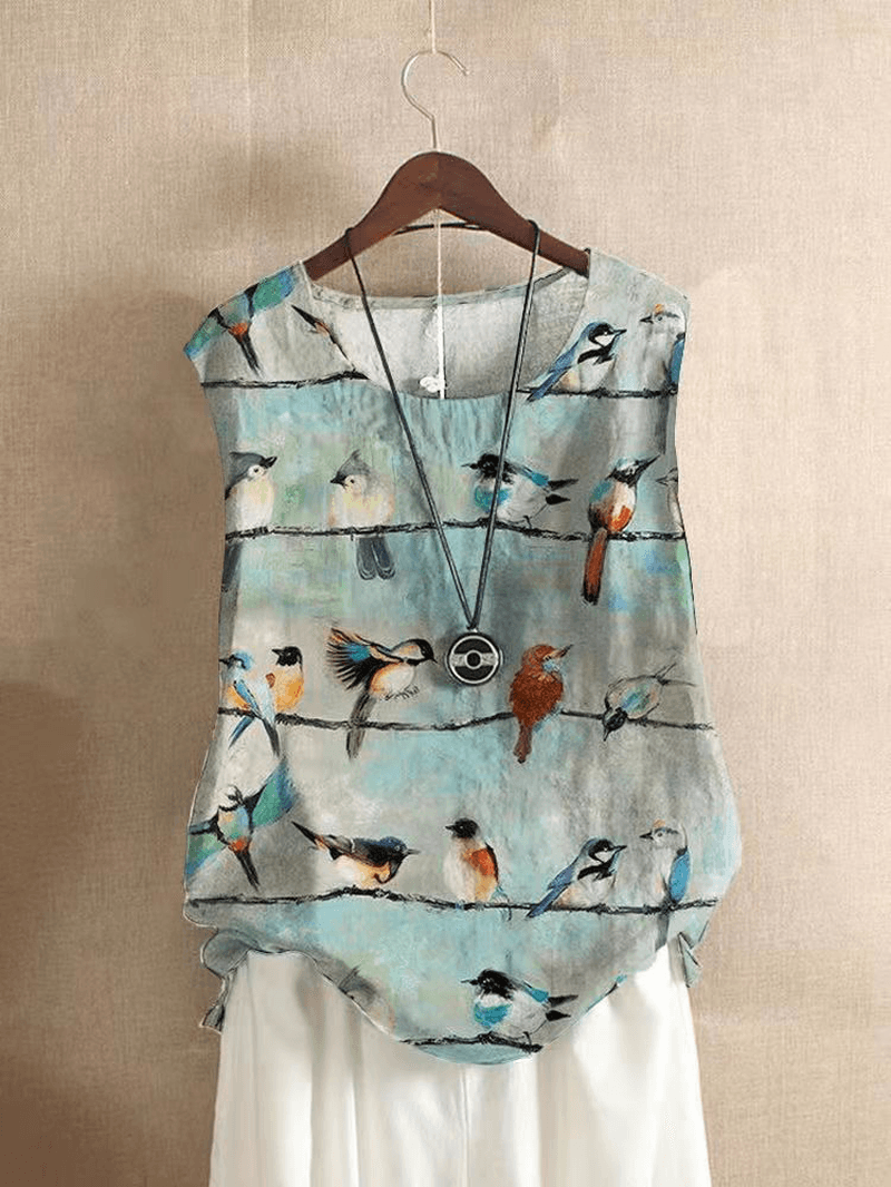 Bird Print Cotton Linen O-Neck Sleeveless Casual Tank Top for Women - MRSLM