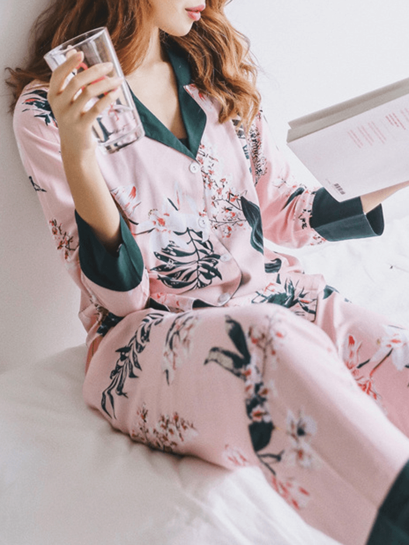 Women Floral Print Revere Collar Long Sleeve Button up Shirt Loose Pants Home Casual Pajama Set - MRSLM