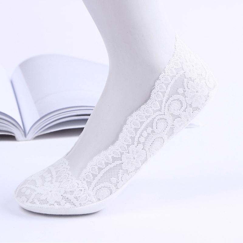 Women Breathable Lace Antiskid Silicone Invisible Boat Socks Low Cut Shallow Socks - MRSLM