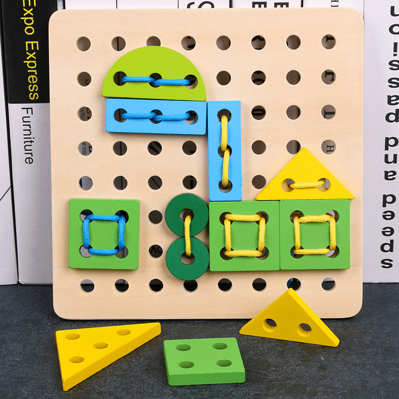 Fun Geometry Blocks Wooden Thread Board Jigsaw Toy Lacing Up - MRSLM