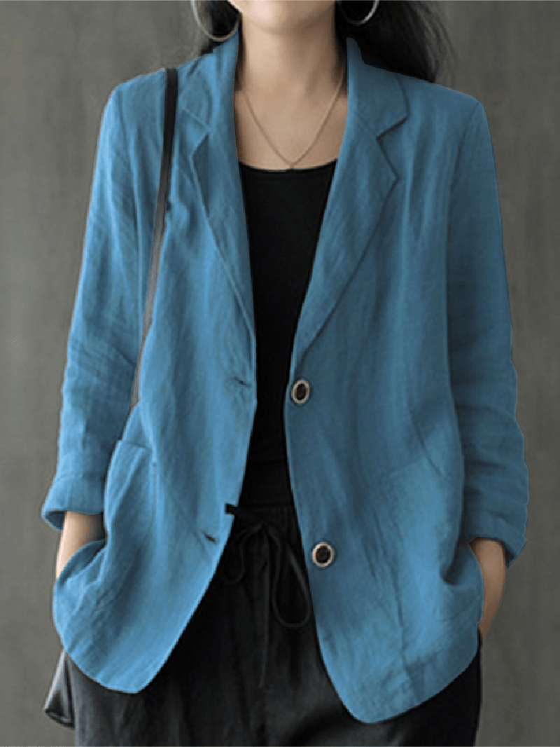 Women 100% Cotton Solid Color Button Front Business Thin All-Match Blazer with Pocket - MRSLM