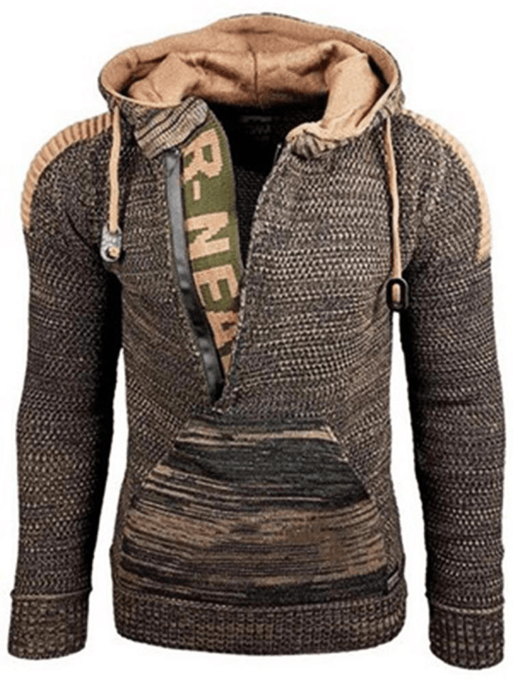 Mens Letter Pattern Zipper Front Hooded Sweaters with Pocket - MRSLM
