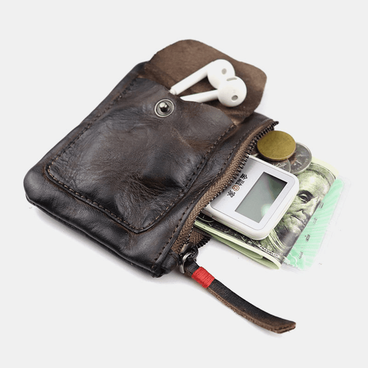 Men Genuine Leather Vegetable Tanned Leather Thin Zipper Wallet Fold Large Capacity Card Holder Money Clip Coin Purse - MRSLM
