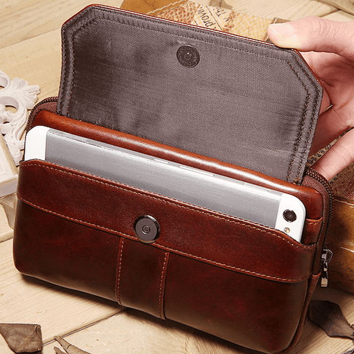 Men Genuine Leather Clutches Bag Belt Waist Phone Bag for 7 Inches Phones - MRSLM