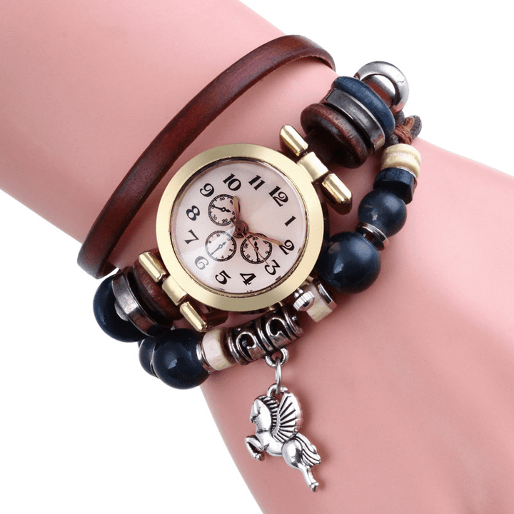 Retro Style Vintage Quartz Watch Decorated Pointer Four Leaf Clover Pendant Beaded Multi-Layer Bracelet Watch - MRSLM