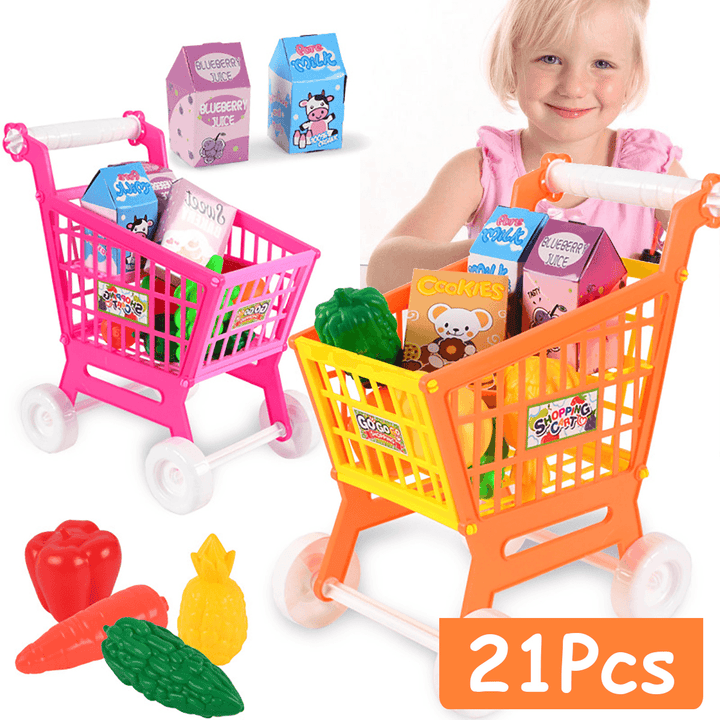21Pcs/Set Toy Shopping Cart Pretend Supermarket Food Items Children Educational Play Toy for Ages 3 and Up - MRSLM