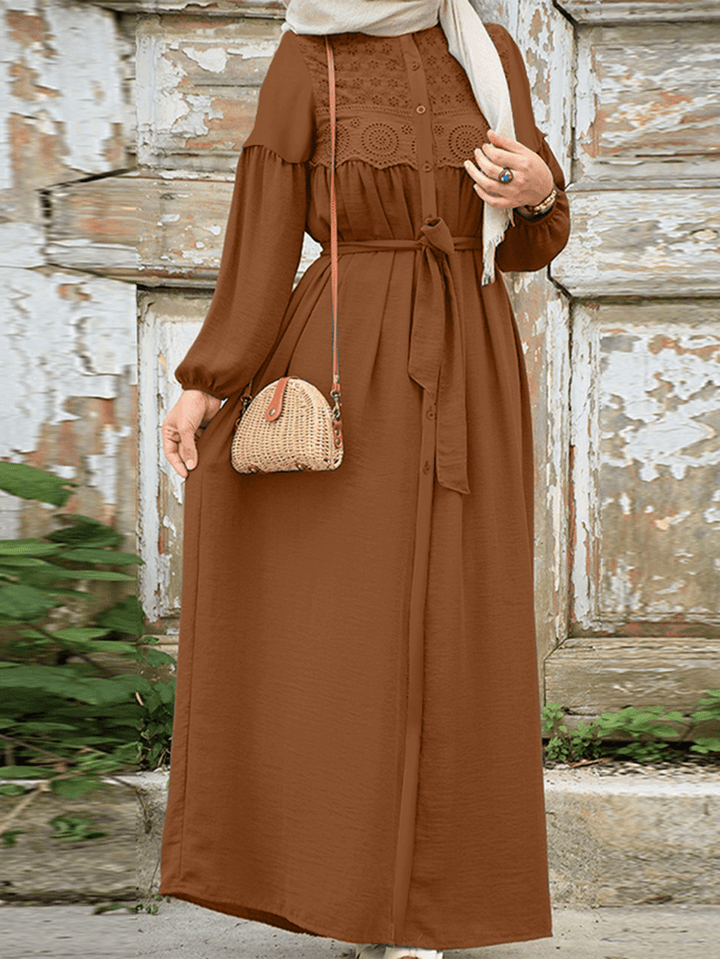 Women Lace Trims Patchwork Solid Vintage Lace-Up Long Sleeve Casual Dress - MRSLM