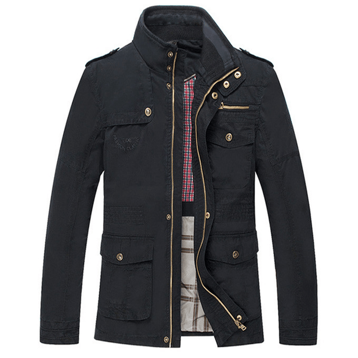 Big Size 100%Cotton Men Outdoor Cotton Blend Multi Pockets Zipper Cargo Coat Jacket Outwear - MRSLM