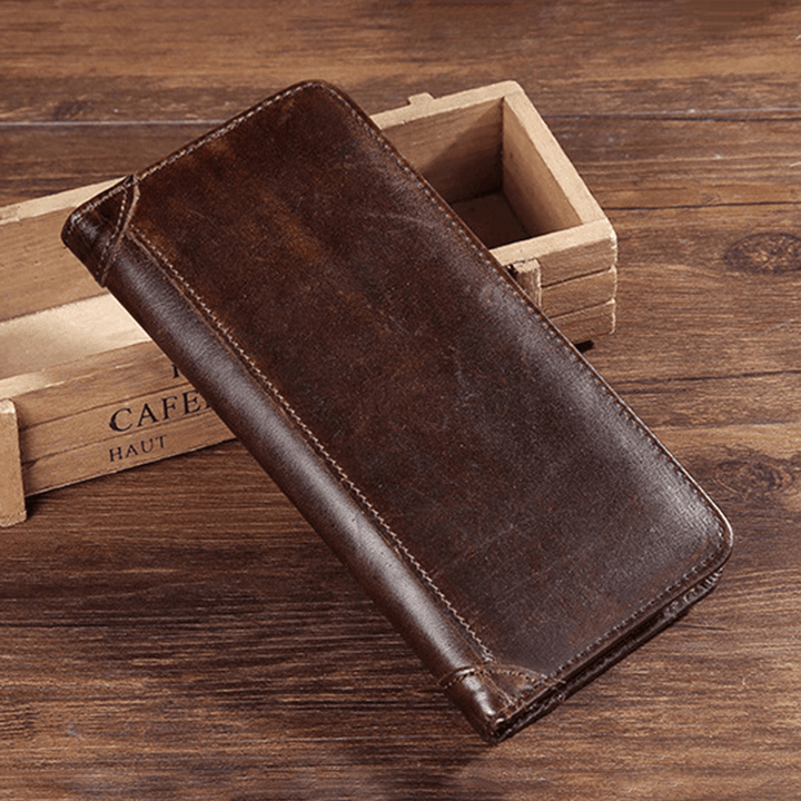Men Retro Long Bifold Genuine Leather Wallet Casual 12 Card Slot Card Holder Money Clip Clutch Bag - MRSLM