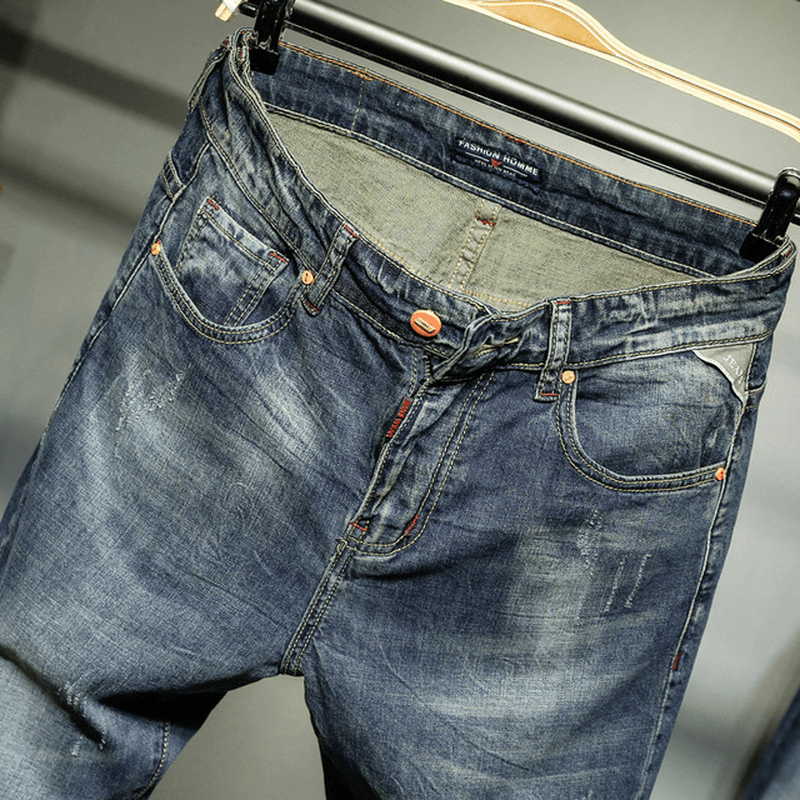 New Men'S Straight Slim Jeans Retro Stretch Casual Feet Denim Trousers - MRSLM