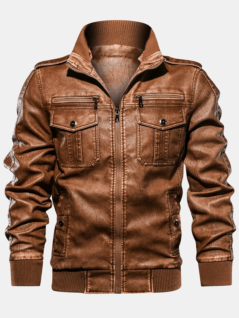 Mens PU Leather Stand Collar Zipper Long Sleeve Jacket with Pocket - MRSLM