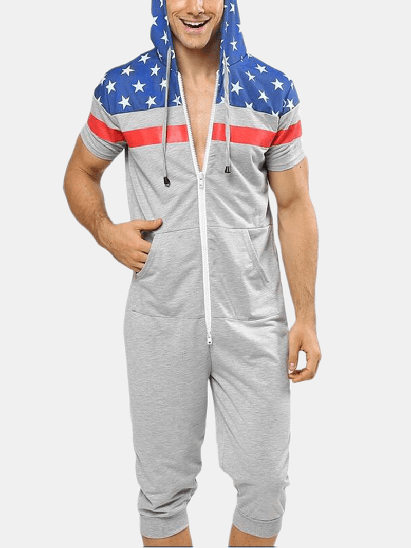 Men American Flag Print Hooded Zipper Pocket Short Sleeve Home Jumpsuit Sleepwear - MRSLM