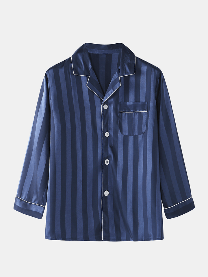 Mens Striped Jacquard Faux Silk Home Revere Collar Loose Lounge Pajama Set - MRSLM