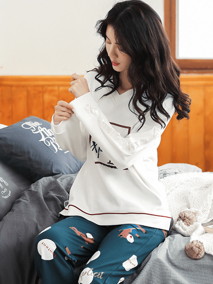Womens Cotton V-Neck Long Sleeve with Ruffle Printed Pajama Set - MRSLM