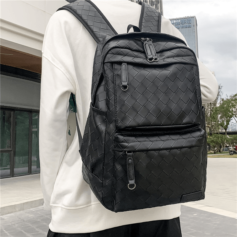 Men Faux Leather Large Causal Woven Capacity 14 Inch Laptop Bag School Bag Travel Backpack - MRSLM