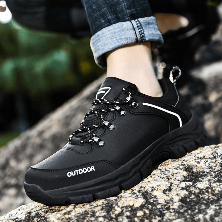 Men Leather Lace-Up Low-Top Soft Sole Comfy Non Slip Outdoor Climbing Casual Sport Hiking Shoes - MRSLM