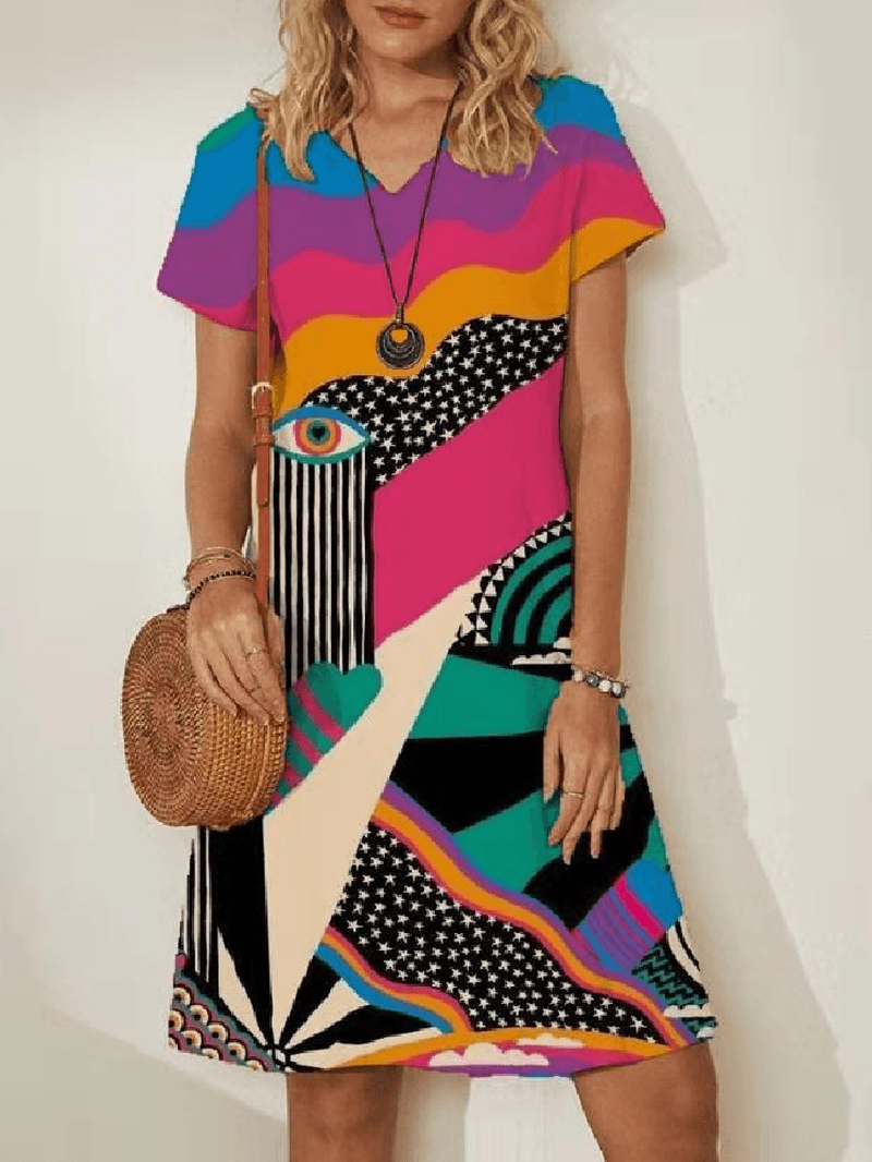 Women Colorful Mixed Abstract Print V-Neck Casual Short Sleeve Midi Dresses - MRSLM