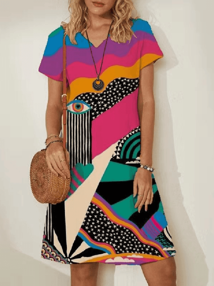 Women Colorful Mixed Abstract Print V-Neck Casual Short Sleeve Midi Dresses - MRSLM