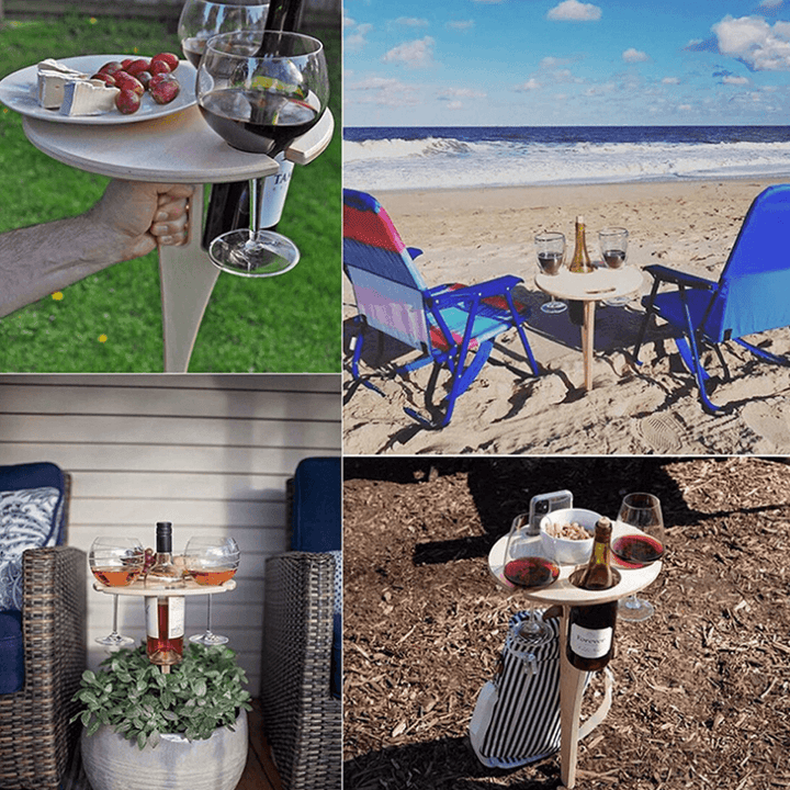 Ipree® Outdoor Drink Table Mini Wooden Rack Foldable round Desktop Easy Carry Desk Furniture Cup Glass Holder Picnic Table Party Camping Travel - MRSLM