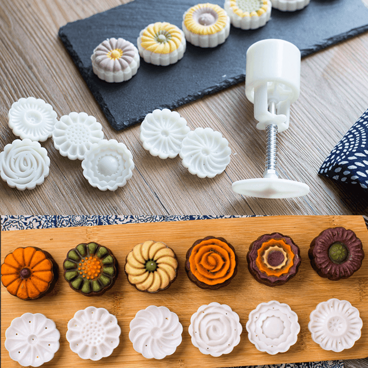 Round Mooncake Pastry Mold 50G Hand Press Mould Flower Pattern Festival Decor DIY Decor W/ 6 Stamps - MRSLM