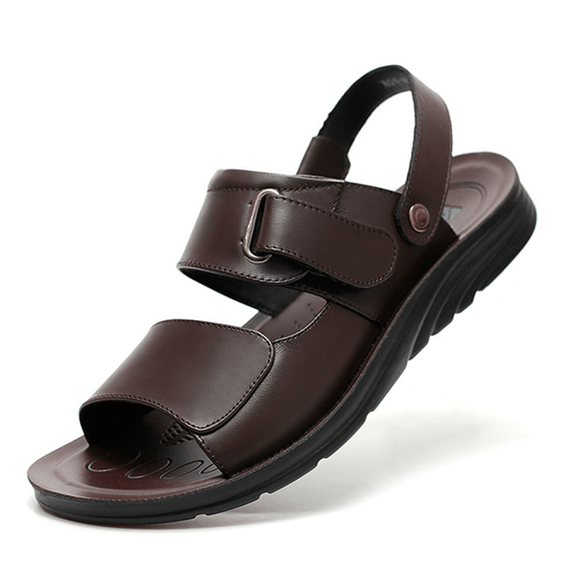 Men Comfy Genuine Leather Open Toe Sandals Slippers Two Way Wear Shoes - MRSLM