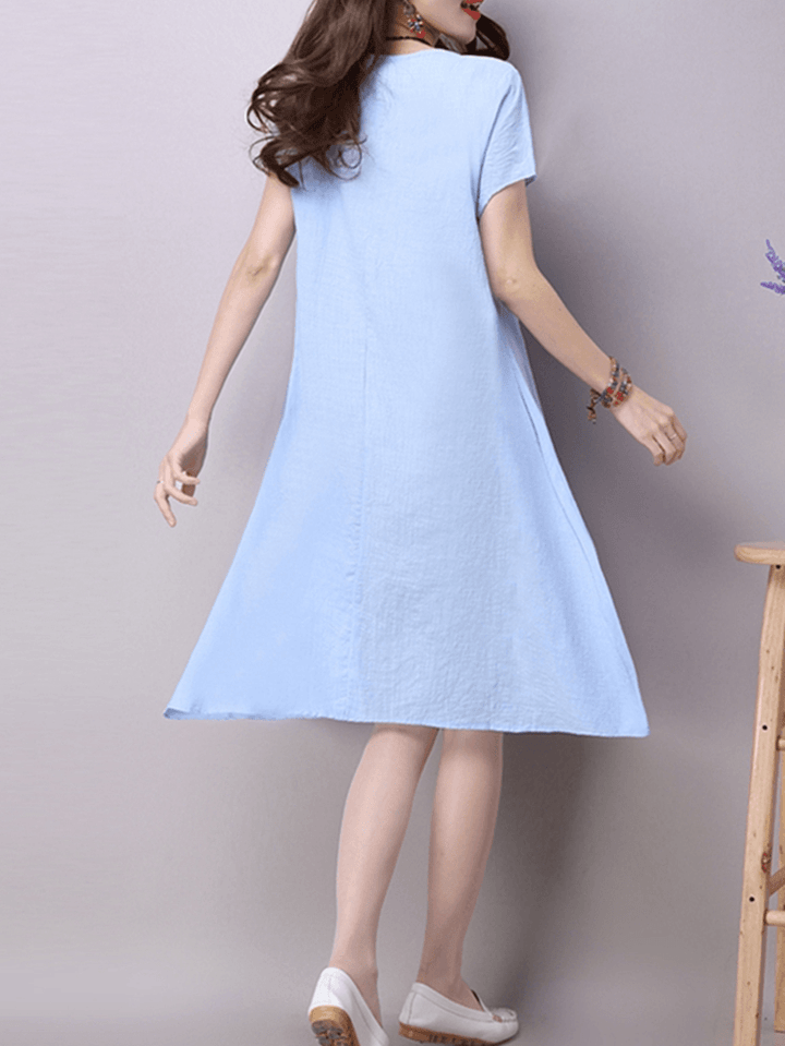 Vintage Women Print Loose Short Sleeve Dresses - MRSLM