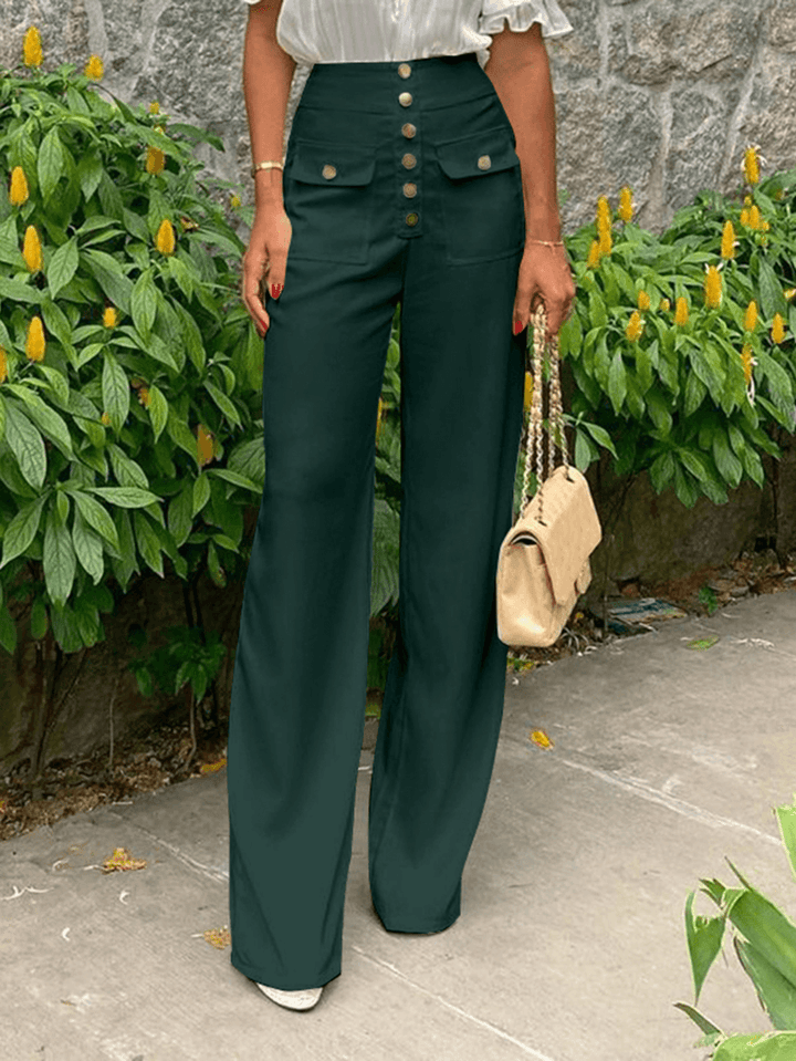 Casual Solid Color High Waist Buttons Zipper Wide Leg Pants for Women - MRSLM