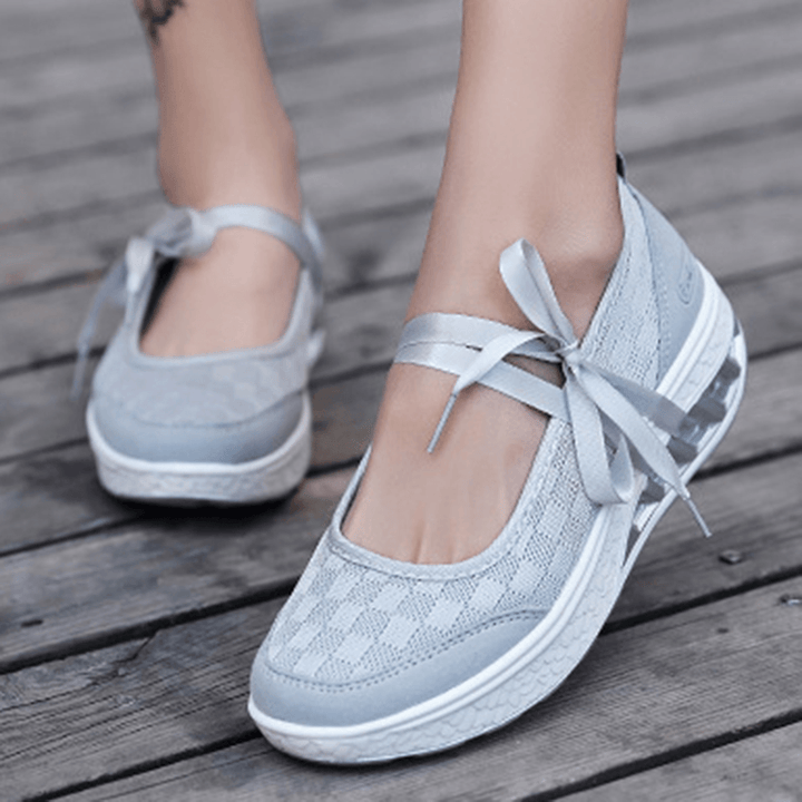 Women Mesh Splicing Sport Casual Lace up Platform Sneakers - MRSLM