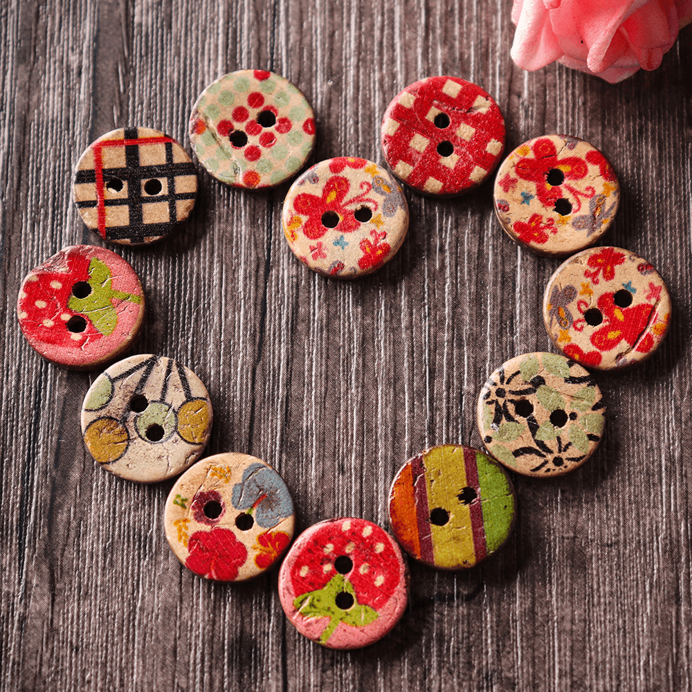 100 PCS round Pattern Wooden Button Mixed 2 Hole Natural Sewing Children Handmade Clothes Buttons - MRSLM