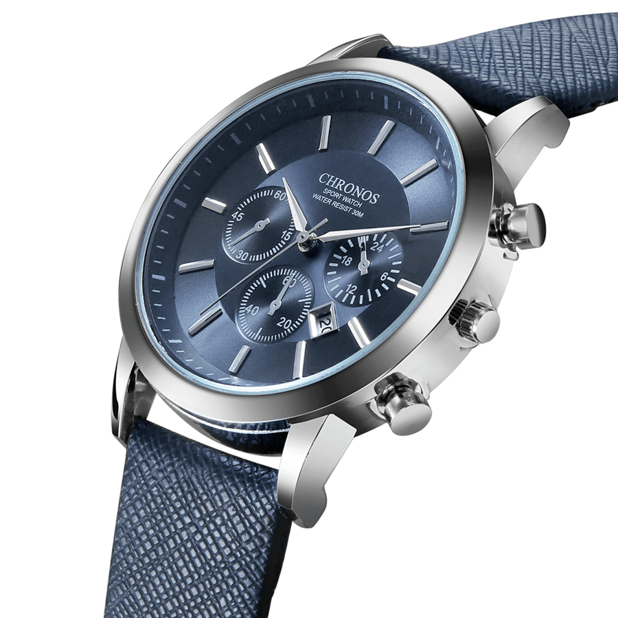 CHRONOS Casual Style Calendar Men Wrist Watch False Small Dials Leather Strap Quartz Watch - MRSLM