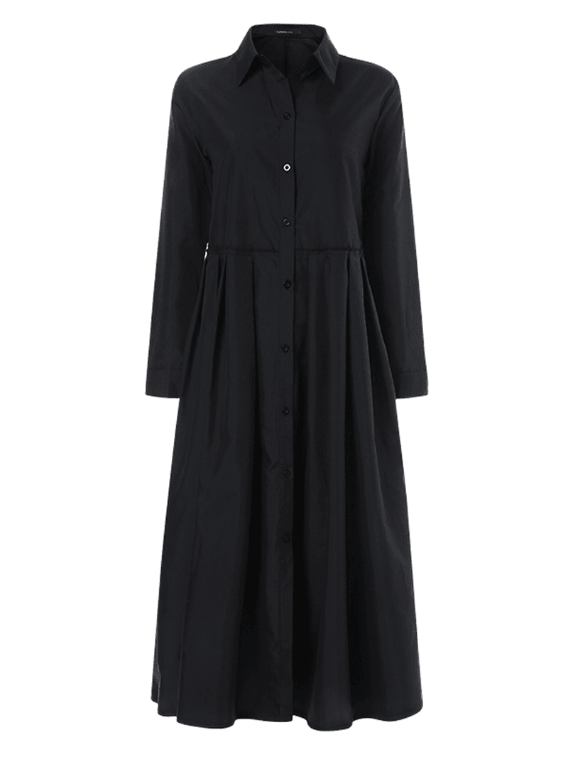 Women Loose Lapel Pleated Solid Color Button Shirt Dress with Pockets - MRSLM